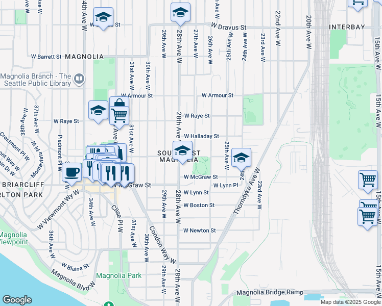 map of restaurants, bars, coffee shops, grocery stores, and more near 2700 West Smith Street in Seattle