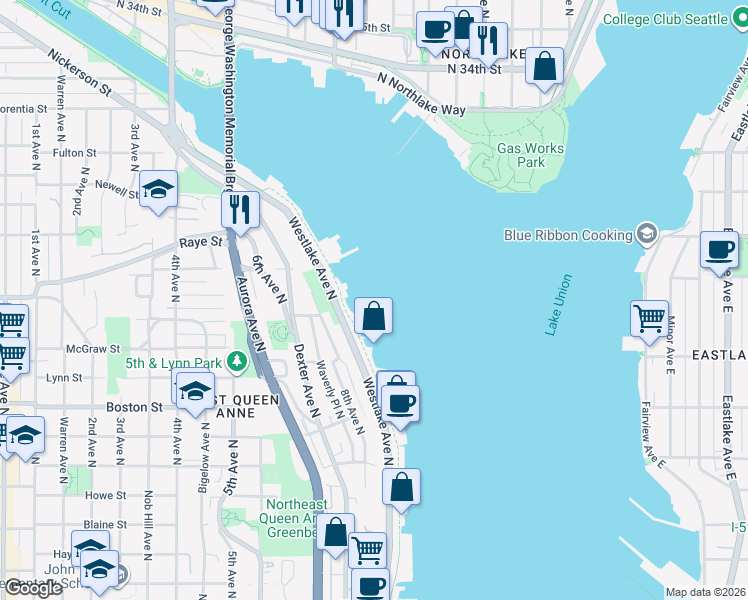 map of restaurants, bars, coffee shops, grocery stores, and more near 2466 Westlake Avenue North in Seattle