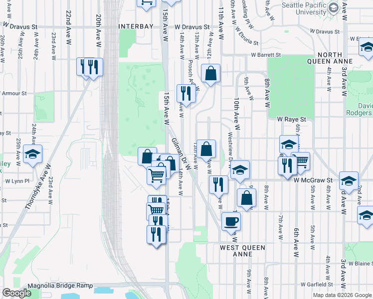 map of restaurants, bars, coffee shops, grocery stores, and more near 2516 14th Avenue West in Seattle