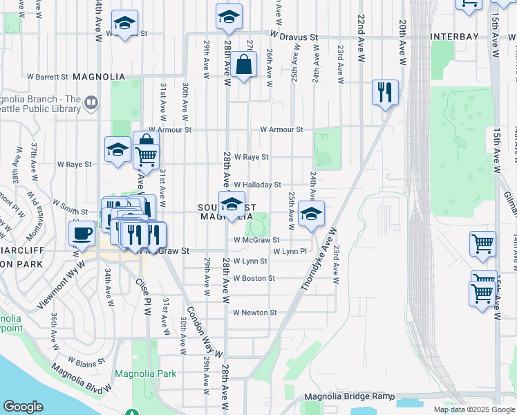 map of restaurants, bars, coffee shops, grocery stores, and more near 2614 West Smith Street in Seattle