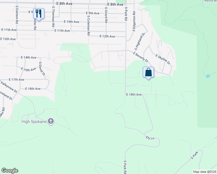 map of restaurants, bars, coffee shops, grocery stores, and more near 1710 South Park Road in Spokane