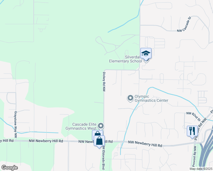 map of restaurants, bars, coffee shops, grocery stores, and more near 8612 Dickey Road Northwest in Silverdale