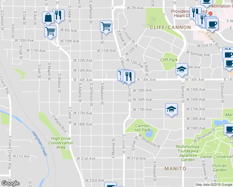map of restaurants, bars, coffee shops, grocery stores, and more near 925 West 15th Avenue in Spokane