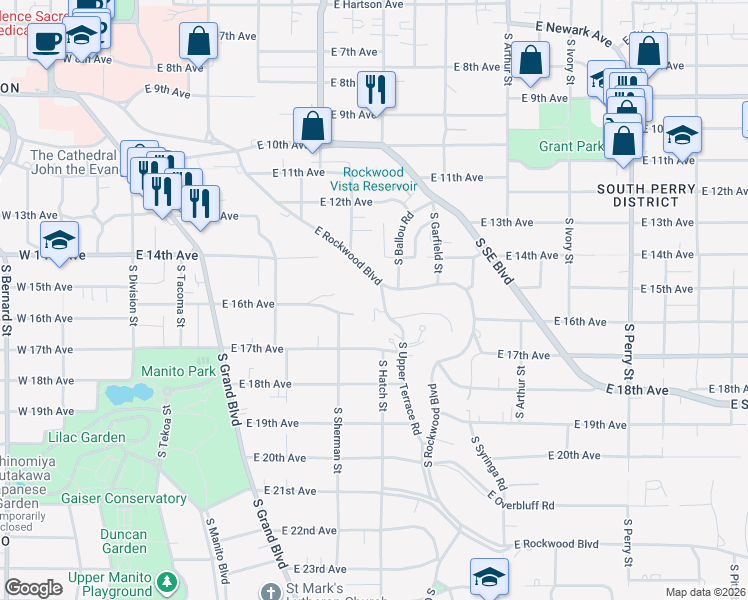 map of restaurants, bars, coffee shops, grocery stores, and more near 716 East Rockwood Boulevard in Spokane
