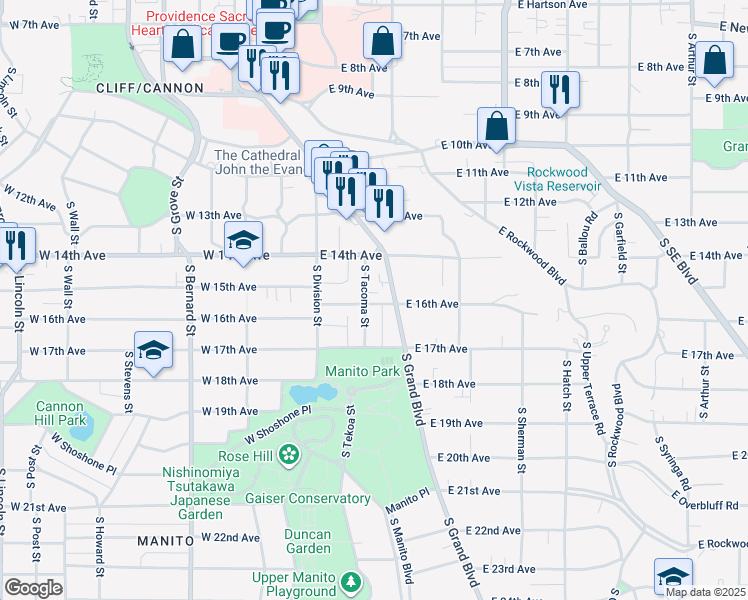 map of restaurants, bars, coffee shops, grocery stores, and more near 1518 South Tacoma Street in Spokane