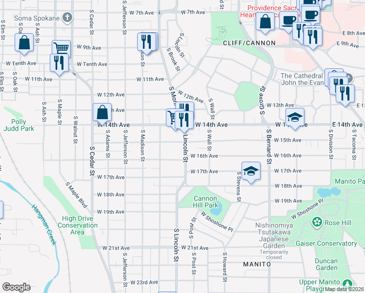 map of restaurants, bars, coffee shops, grocery stores, and more near 1504 South Lincoln Street in Spokane