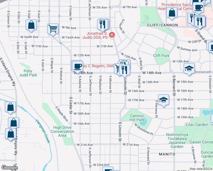 map of restaurants, bars, coffee shops, grocery stores, and more near 1023 West 15th Avenue in Spokane