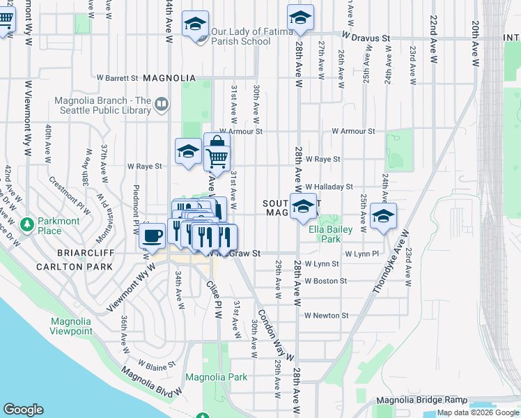 map of restaurants, bars, coffee shops, grocery stores, and more near 2504 30th Avenue West in Seattle