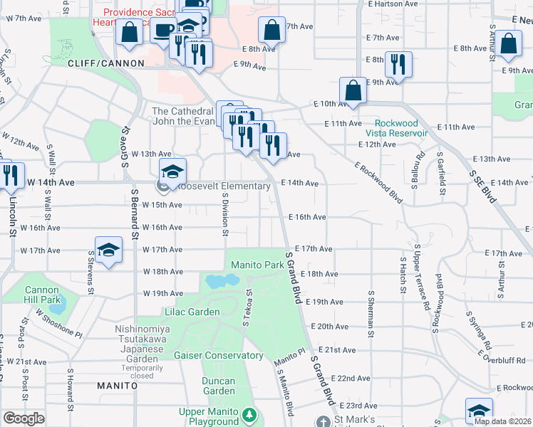 map of restaurants, bars, coffee shops, grocery stores, and more near 1518 South Tacoma Street in Spokane
