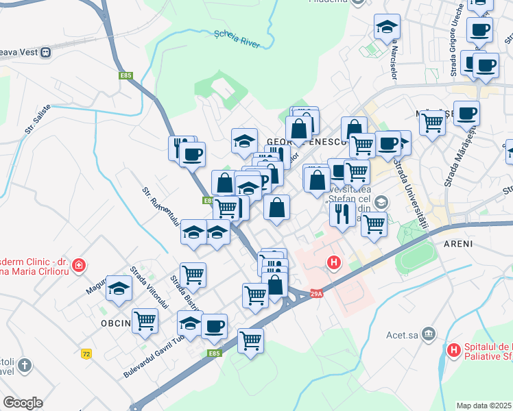 map of restaurants, bars, coffee shops, grocery stores, and more near 23 Bulevardul George Enescu in Suceava