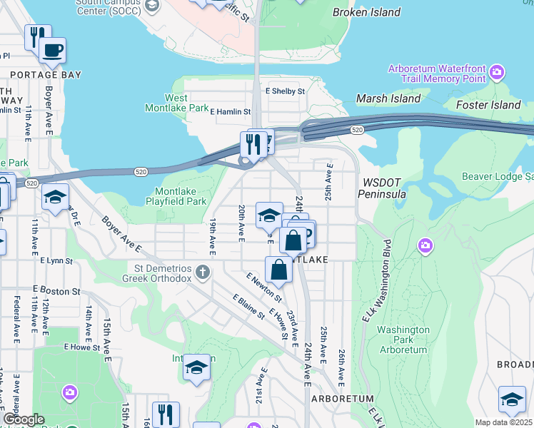 map of restaurants, bars, coffee shops, grocery stores, and more near 2463 22nd Avenue East in Seattle