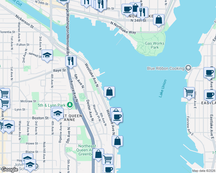 map of restaurants, bars, coffee shops, grocery stores, and more near 2466 Westlake Avenue North in Seattle