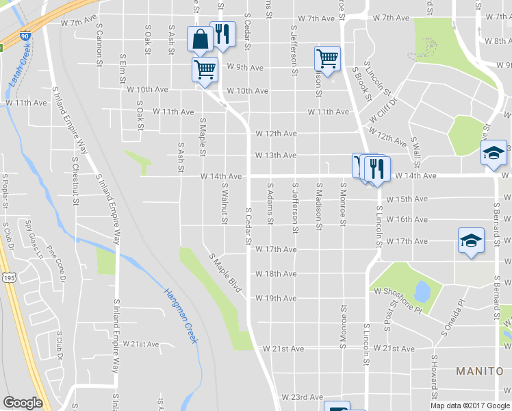 map of restaurants, bars, coffee shops, grocery stores, and more near 1317 West 15th Avenue in Spokane