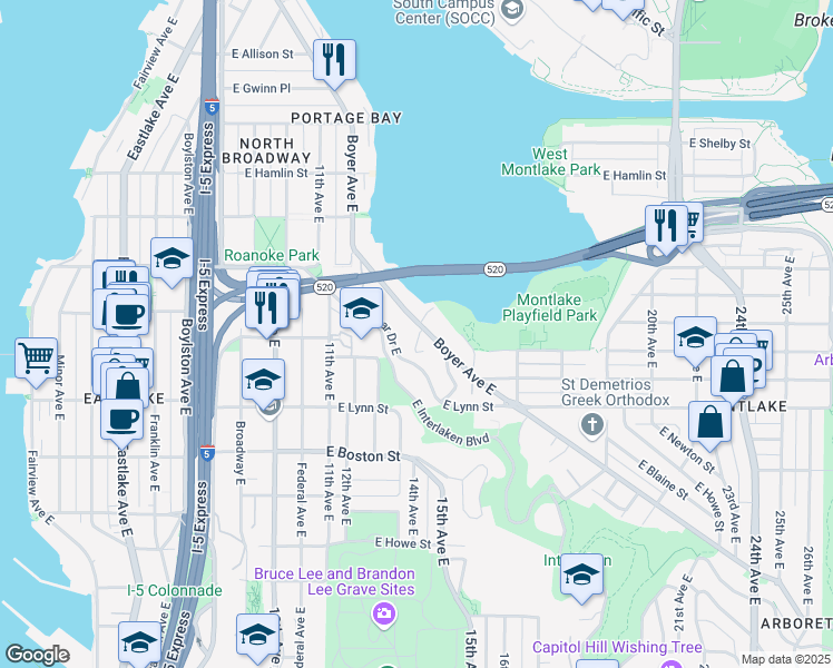 map of restaurants, bars, coffee shops, grocery stores, and more near 2501 Everett Avenue East in Seattle