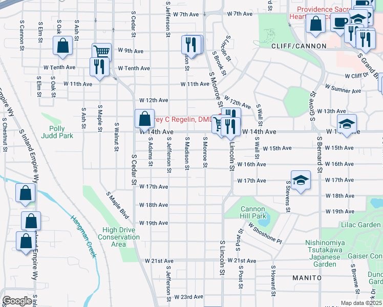 map of restaurants, bars, coffee shops, grocery stores, and more near 1023 West 15th Avenue in Spokane