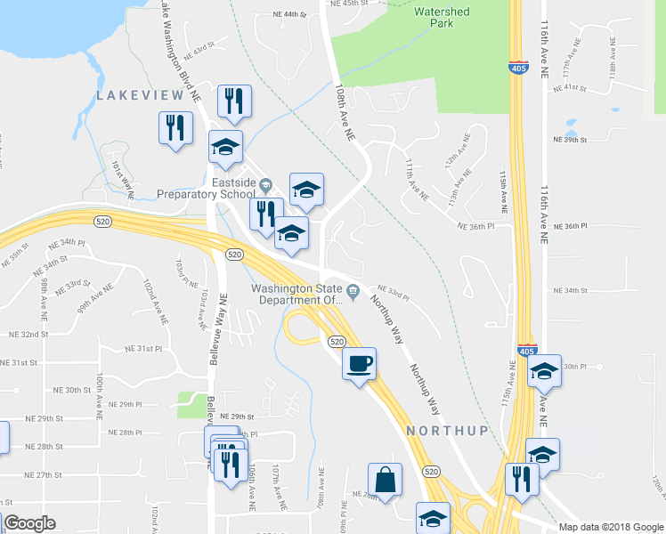 map of restaurants, bars, coffee shops, grocery stores, and more near 10830 Northeast 34th Place in Bellevue
