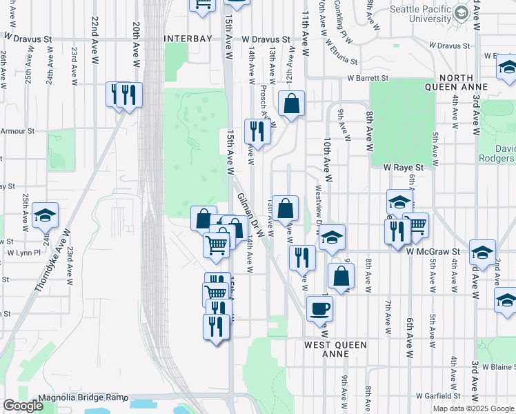 map of restaurants, bars, coffee shops, grocery stores, and more near 2516 14th Avenue West in Seattle