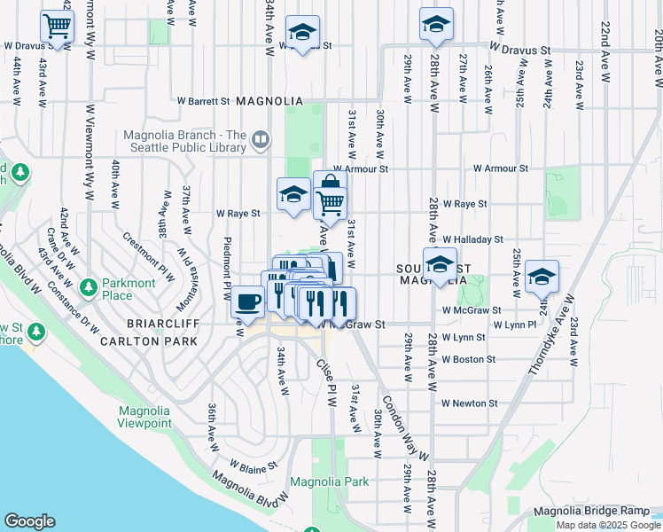 map of restaurants, bars, coffee shops, grocery stores, and more near 2518 32nd Avenue West in Seattle
