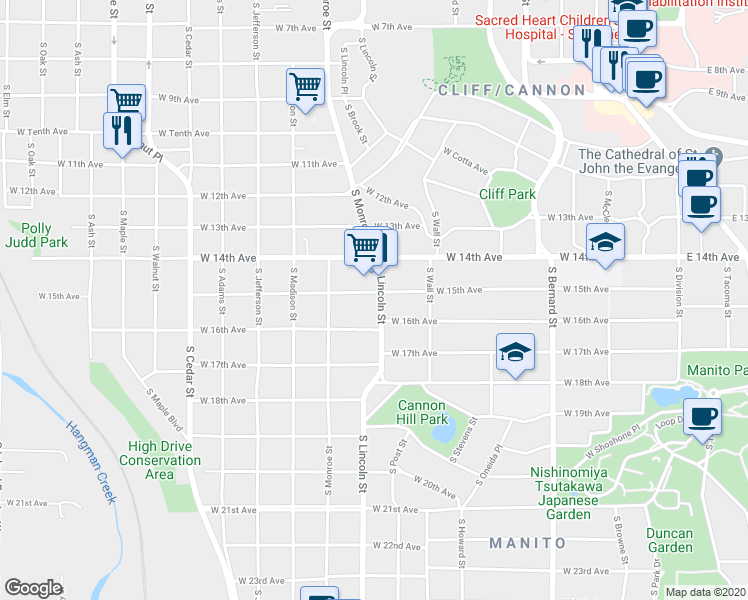 map of restaurants, bars, coffee shops, grocery stores, and more near 1504 South Lincoln Street in Spokane
