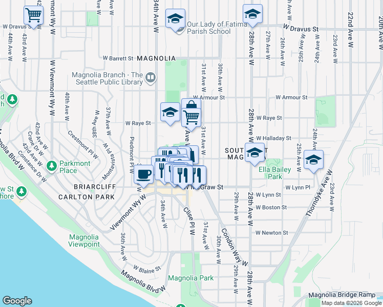 map of restaurants, bars, coffee shops, grocery stores, and more near 2506 32nd Avenue West in Seattle