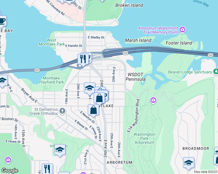 map of restaurants, bars, coffee shops, grocery stores, and more near 2423 East Miller Street in Seattle