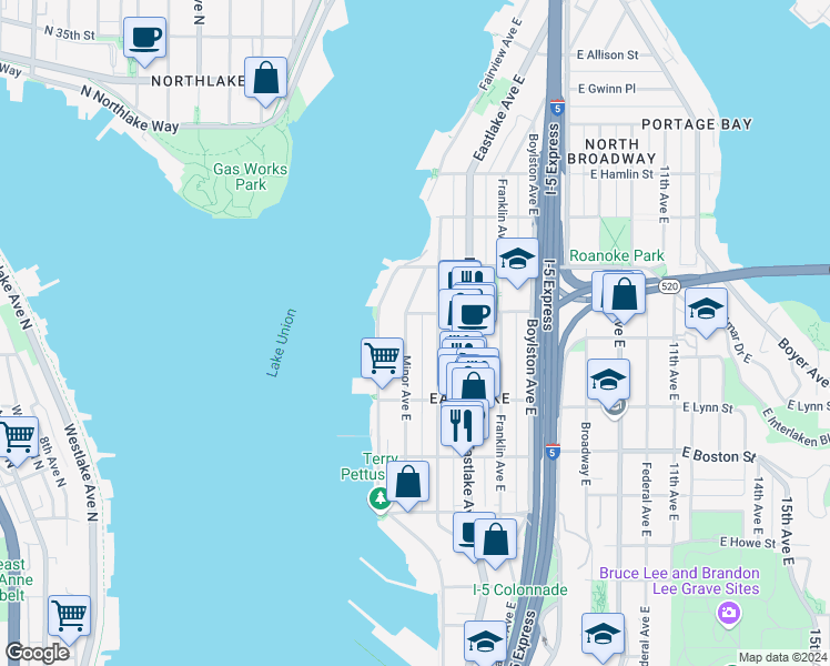 map of restaurants, bars, coffee shops, grocery stores, and more near 2356 Minor Avenue East in Seattle