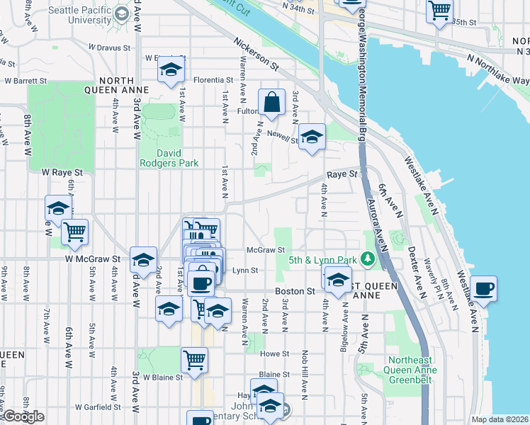 map of restaurants, bars, coffee shops, grocery stores, and more near 2500 Lorentz Place North in Seattle