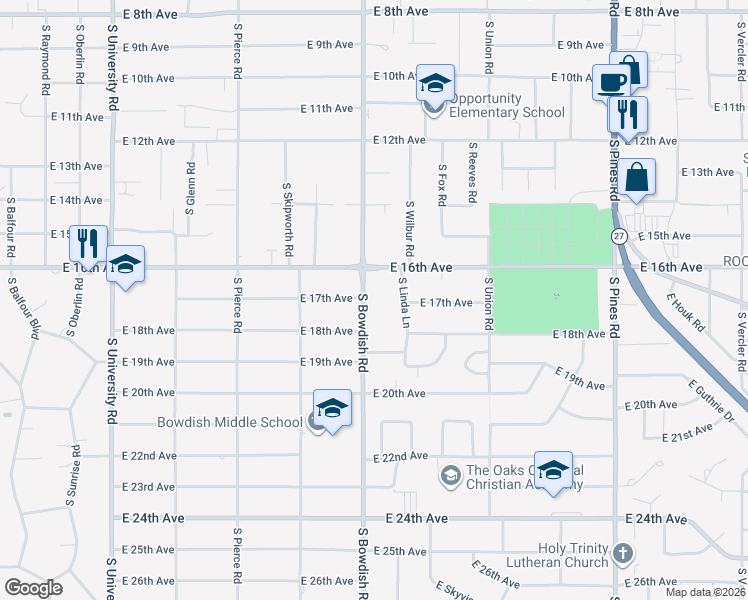 map of restaurants, bars, coffee shops, grocery stores, and more near 1621 South Bowdish Road in Spokane Valley