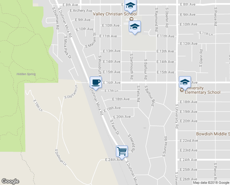 map of restaurants, bars, coffee shops, grocery stores, and more near 10016 East 17th Lane in Spokane Valley