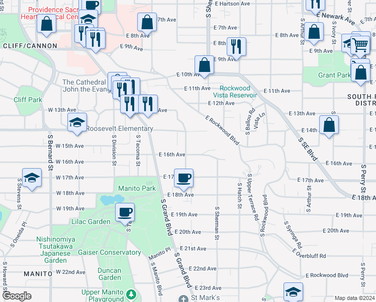 map of restaurants, bars, coffee shops, grocery stores, and more near 401 East 16th Avenue in Spokane