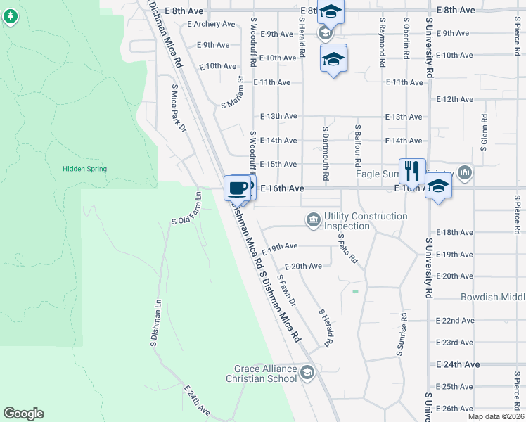 map of restaurants, bars, coffee shops, grocery stores, and more near 9910 East 17th Lane in Spokane Valley
