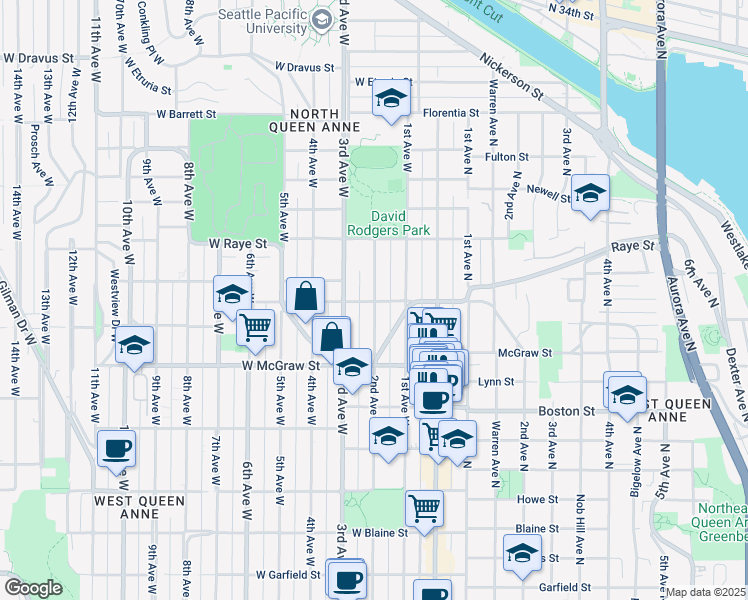 map of restaurants, bars, coffee shops, grocery stores, and more near in Seattle