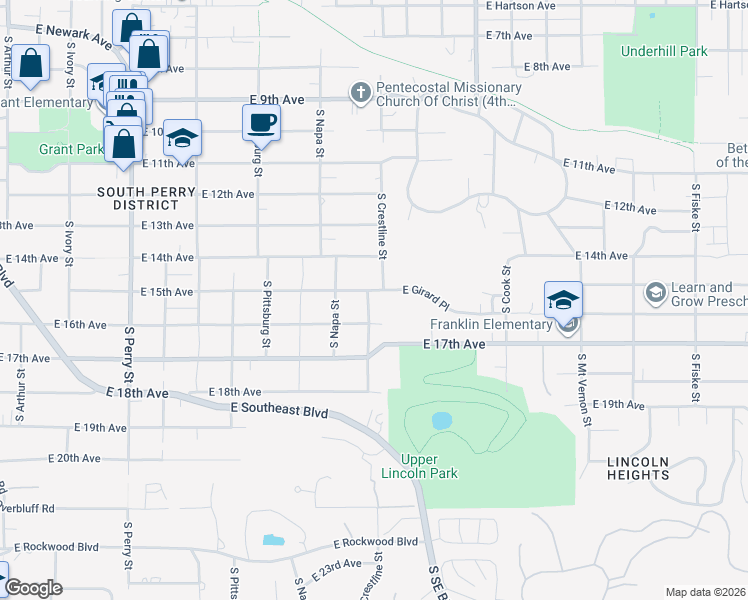 map of restaurants, bars, coffee shops, grocery stores, and more near 2102 East 15th Avenue in Spokane