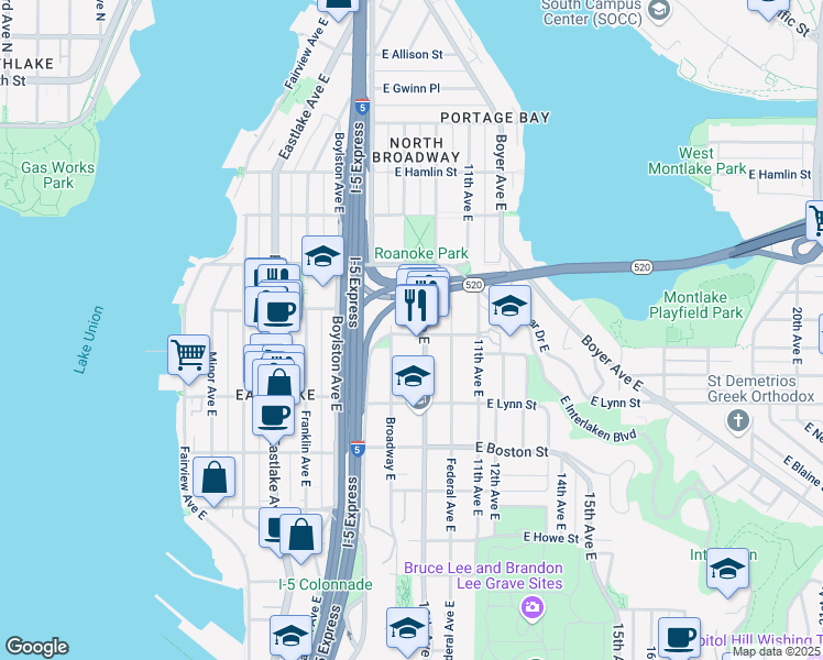map of restaurants, bars, coffee shops, grocery stores, and more near 916 East Miller Street in Seattle