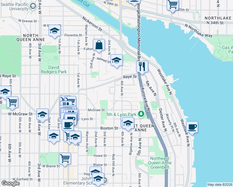 map of restaurants, bars, coffee shops, grocery stores, and more near 2470 Nob Hill Avenue North in Seattle