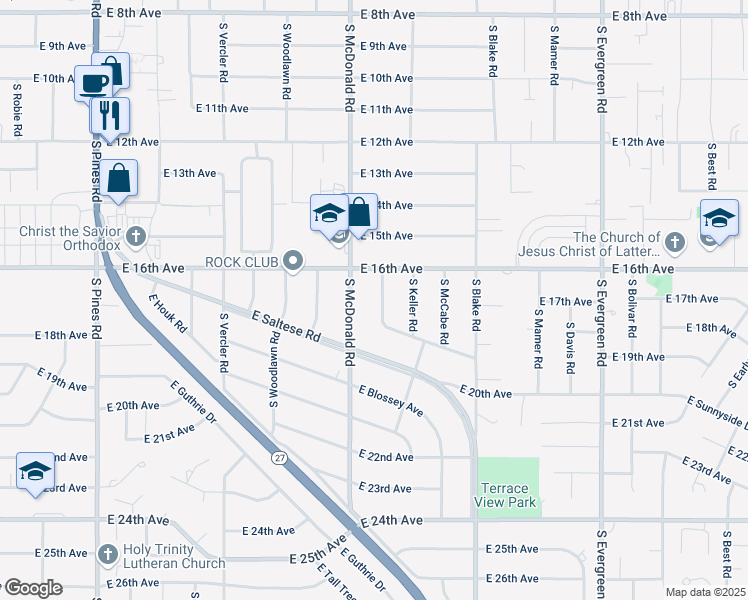 map of restaurants, bars, coffee shops, grocery stores, and more near 1622 South Clinton Road in Spokane Valley