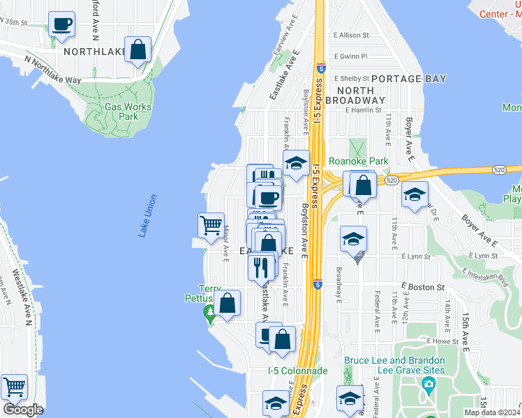 map of restaurants, bars, coffee shops, grocery stores, and more near 2365 Eastlake Avenue East in Seattle
