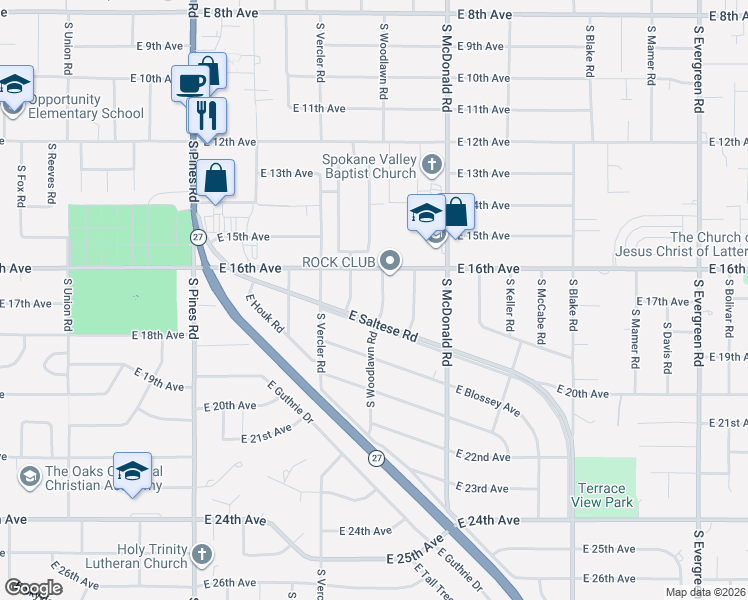 map of restaurants, bars, coffee shops, grocery stores, and more near 1619 South Virginia Road in Spokane Valley