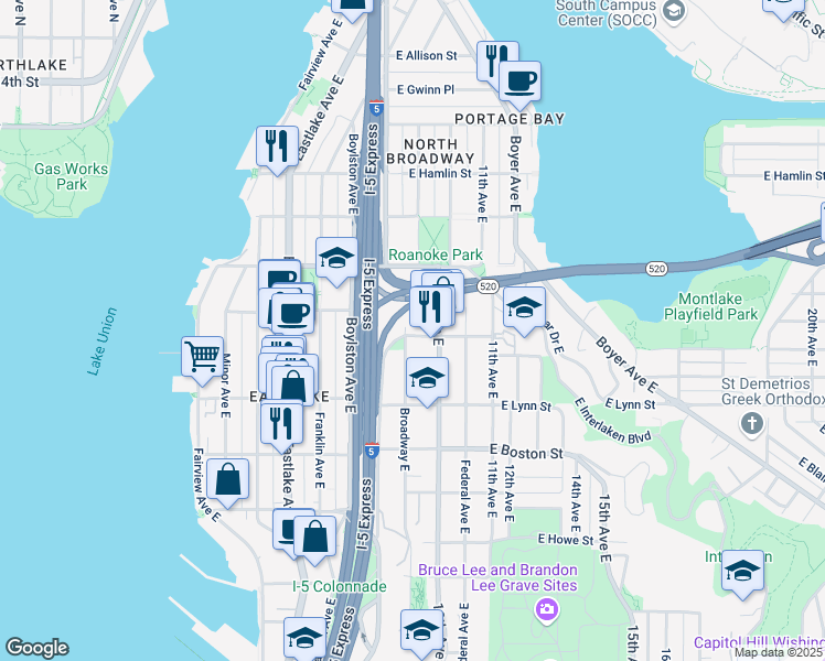 map of restaurants, bars, coffee shops, grocery stores, and more near 916 East Miller Street in Seattle