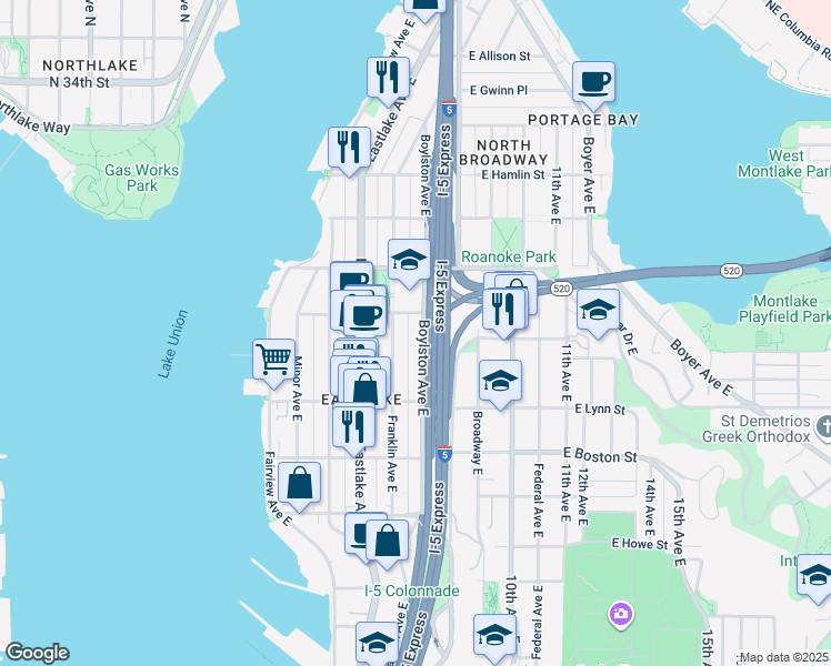 map of restaurants, bars, coffee shops, grocery stores, and more near 2403 Boylston Avenue East in Seattle