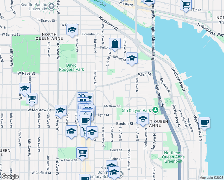 map of restaurants, bars, coffee shops, grocery stores, and more near 2506 Lorentz Place North in Seattle