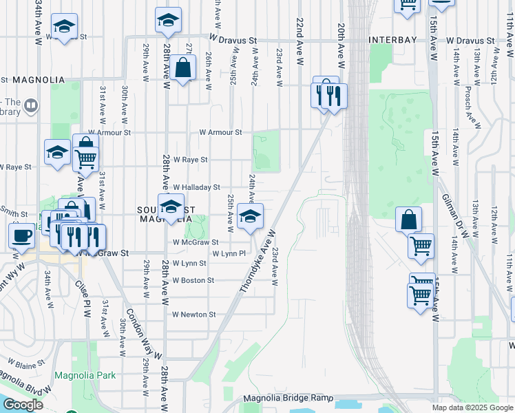 map of restaurants, bars, coffee shops, grocery stores, and more near 2509 24th Avenue West in Seattle