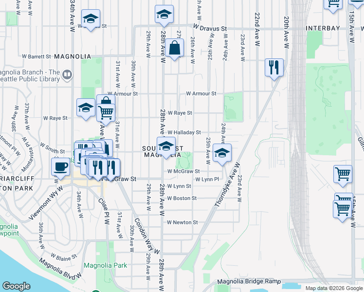 map of restaurants, bars, coffee shops, grocery stores, and more near 2614 West Smith Street in Seattle