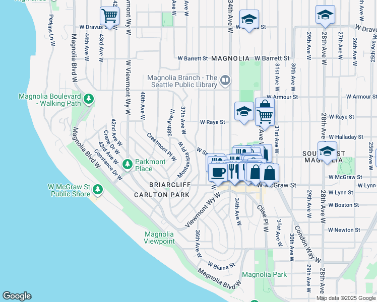 map of restaurants, bars, coffee shops, grocery stores, and more near 2500 Montavista Place West in Seattle
