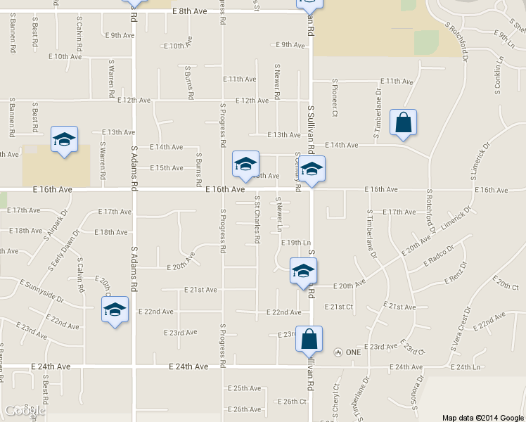 map of restaurants, bars, coffee shops, grocery stores, and more near 1715 South Saint Charles Road in Spokane Valley