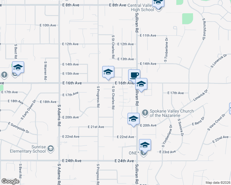 map of restaurants, bars, coffee shops, grocery stores, and more near 1715 South Saint Charles Road in Spokane Valley