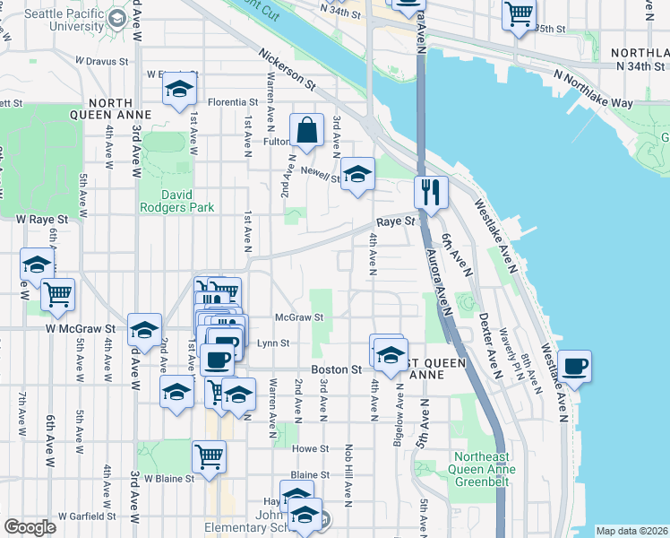 map of restaurants, bars, coffee shops, grocery stores, and more near 2501 Nob Hill Place North in Seattle
