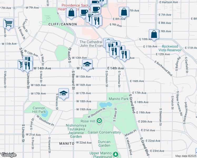 map of restaurants, bars, coffee shops, grocery stores, and more near 21 West 15th Avenue in Spokane