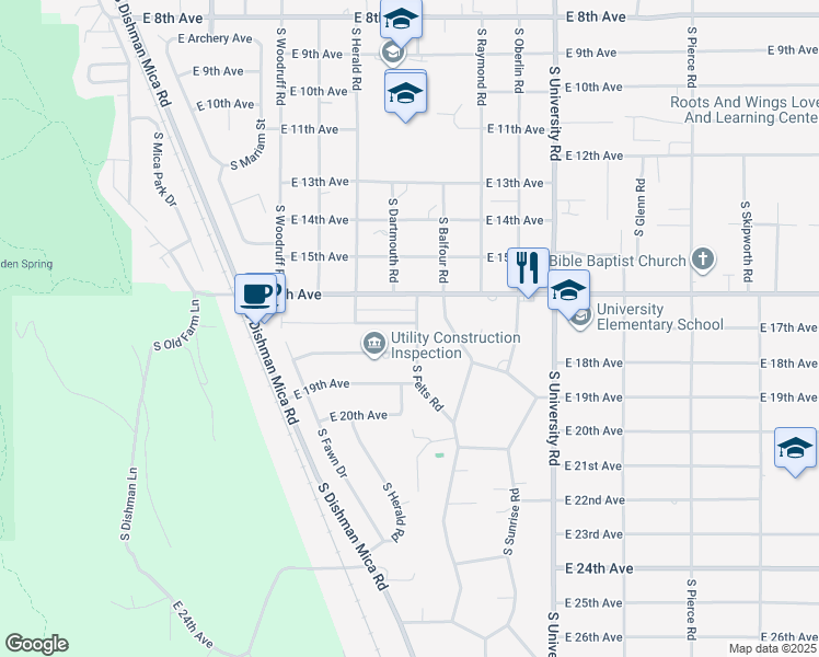 map of restaurants, bars, coffee shops, grocery stores, and more near 10212 East 17th Lane in Spokane Valley
