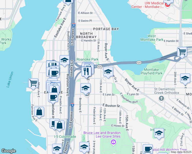 map of restaurants, bars, coffee shops, grocery stores, and more near 2402 Federal Avenue East in Seattle